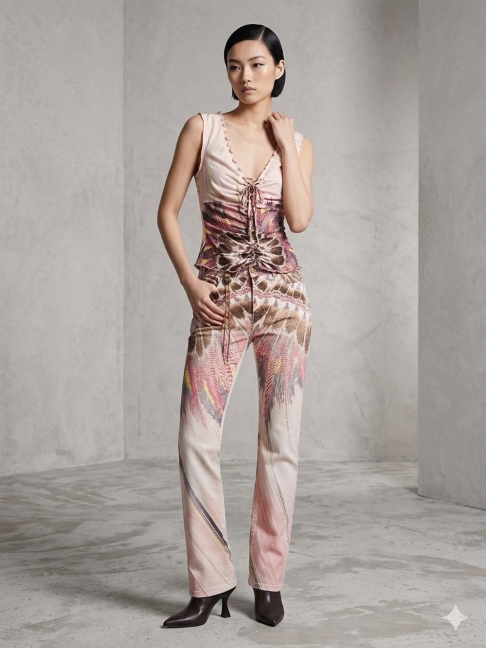 Roberto Cavalli Sleeveless Wide-Leg Printed pants and top set in Pink and Brown